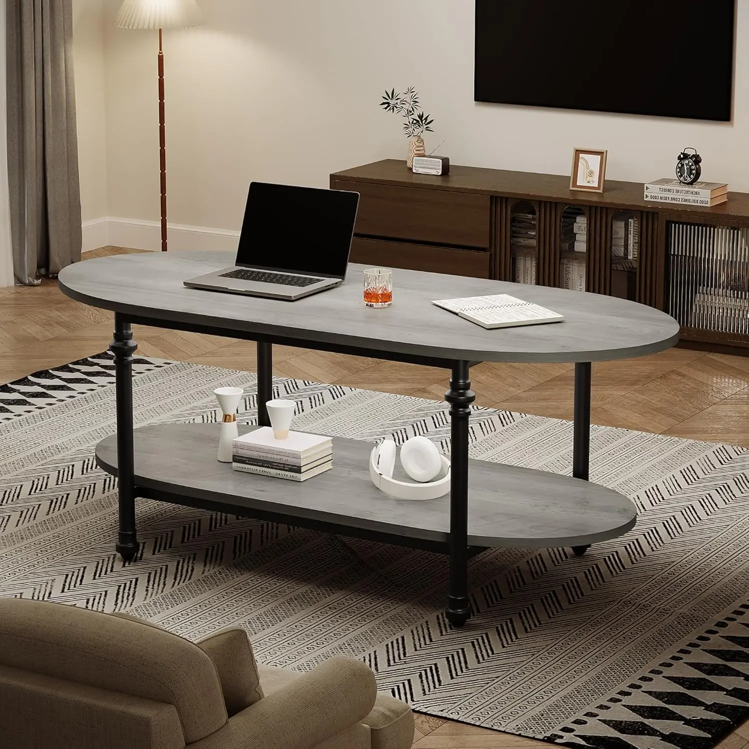 【Christmas Gift】Vintage Brown 2-Tier Oval Top Coffee Table (47.2 in Top Surface), Roman Column Metal Legs, Gray Indoor Furniture, Dining Table Compatible, Easy Setup with Detailed Illustrated Instructions, Storage Lower Shelf, Living Rooms