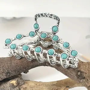 2024 New Literary Retro Turquoise Ancient Hair Clip Large Back-of-the-Head Hair Clip Temperament Shark Clip High-end Hair Accessory Headwear Back-to-School Season Gift