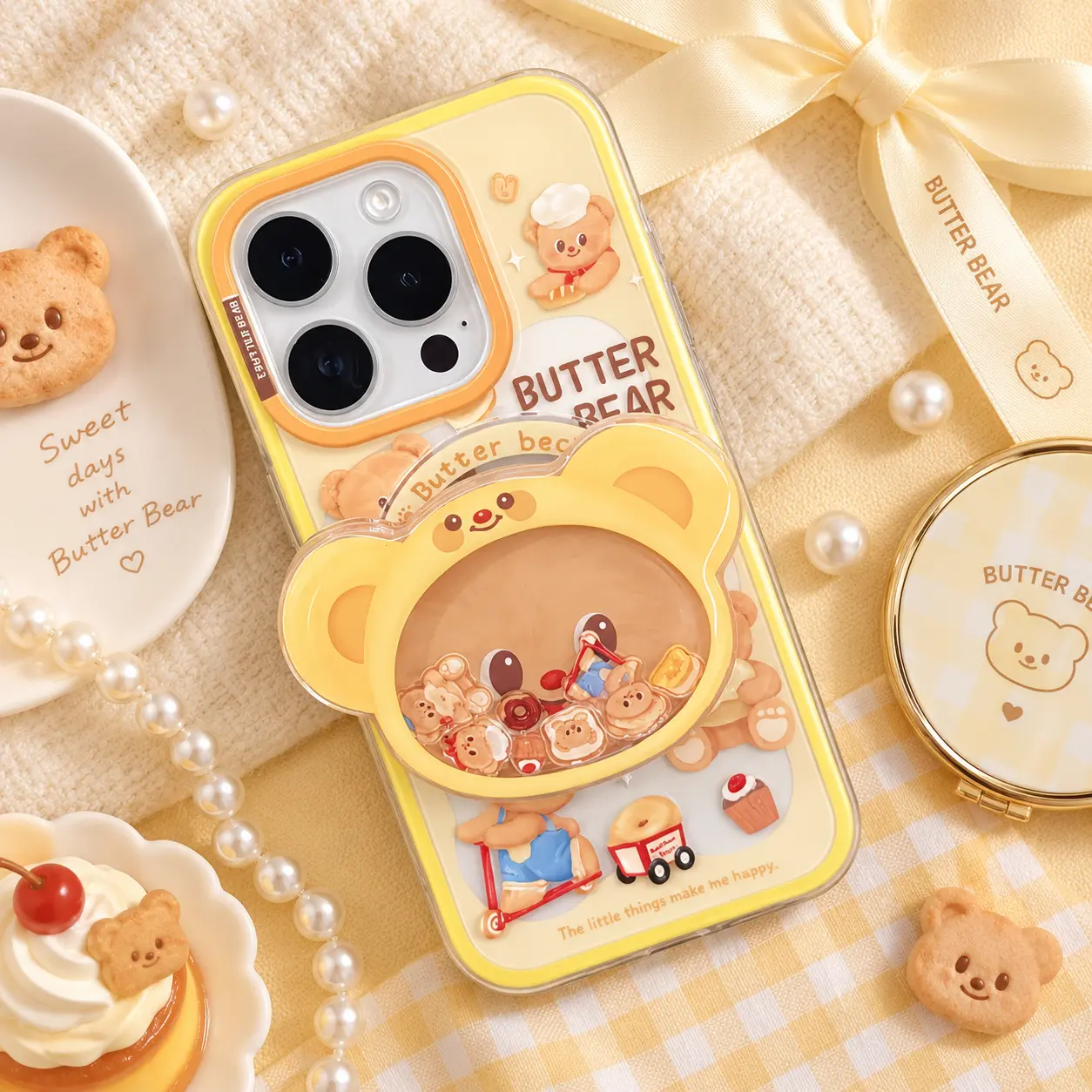 Cute Pastel Bear Shaker Phone Stand Kawaii Yellow Teddy Liquid Acrylic Grip Cozy Bakery Smartphone Holder E-reader Desk Accessory Beautiful Sharp Print