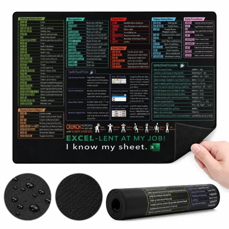 【Back to School】Excel Shortcuts Mouse Pad, Large Desk Mat with Quick-Reference Excel Formulas & Keyboard Shortcuts, Non-Slip Durable Surface, Extended Mouse Pad for Office & Home, Ideal for Excel Users, Professionals & Students