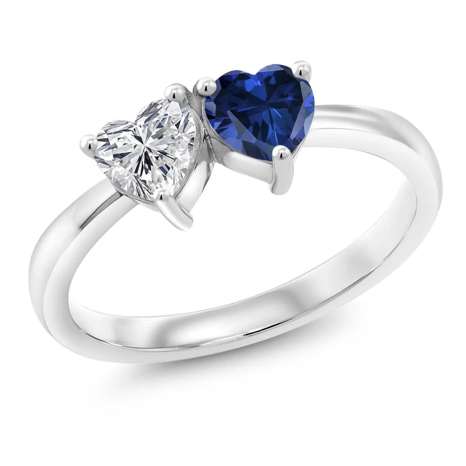 Gem Stone King 925 Sterling Silver Lab Grown Diamond and Blue Created Sapphire Engagement Ring For Women | 0.94 Cttw | Heart Shape 5MM | Gemstone April Birthstone