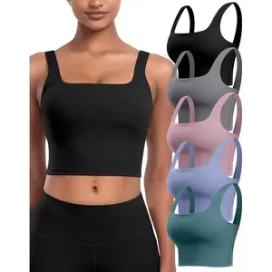 WomensSportsBras5Packs-SquareNeckLonglineWorkoutCropTankTopsPaddedYogaCamisolewithBuiltinPads
