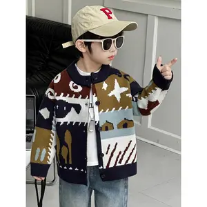 New Spring And Autumn Cardigan Sweater for Boys with A Complex Colour Block Design And Button Front. A Versatile And Fashionable Small Jacket. Choose Size According to Height, Suitable for Children Aged 3 And Above