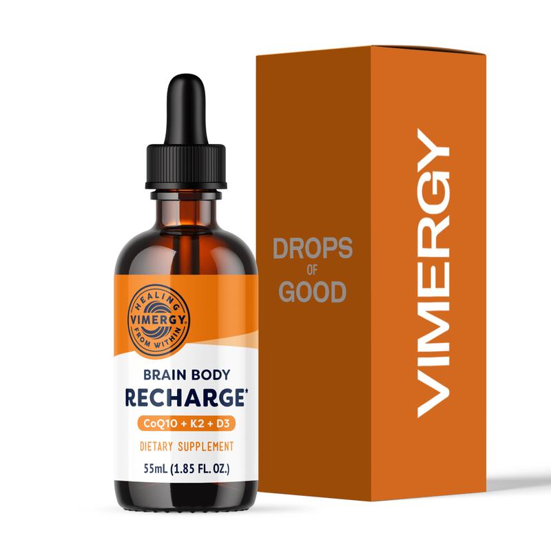 VIMERGY Brain Body Recharge Liquid Dietary Supplement 55mL - CoQ10 (45mg), Vegan D3 Lichen (1000IU), Vitamin K2 (180mcg), Antioxidant Shield, Energy Booster, Heart Health Support, Prop 65 Safe for Adults