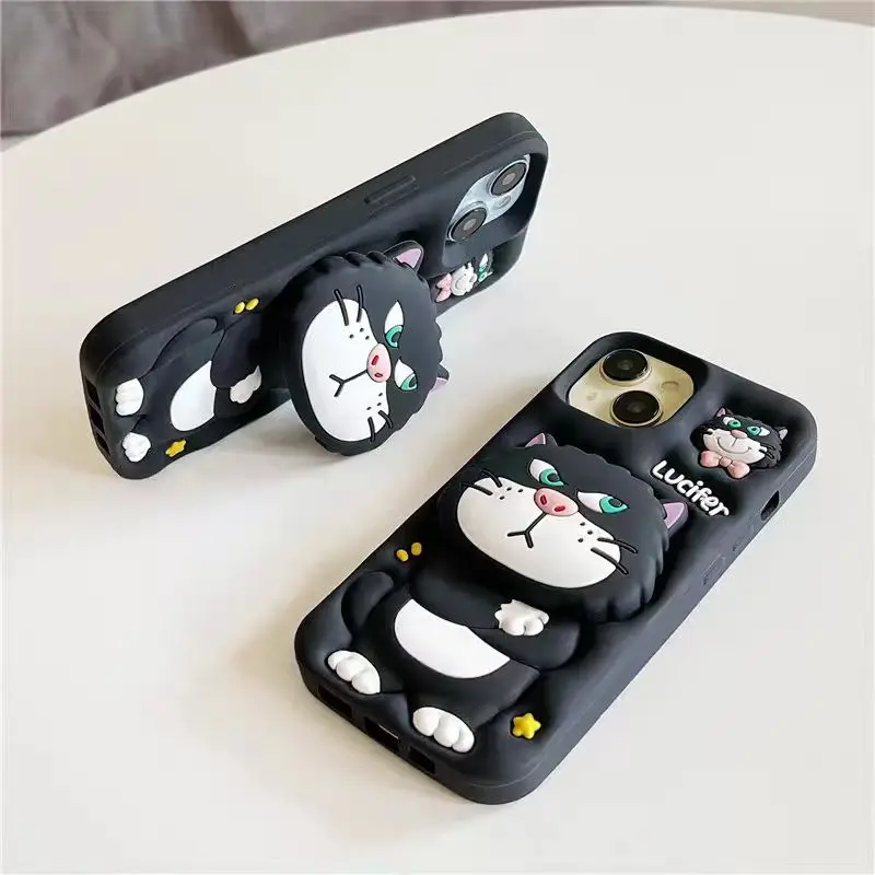 Cute 3D Silicone Apple iPhone Case with Cartoon Expandable Stand Compatible with 17 Pro Max 16 15 14 Models Protective Cover