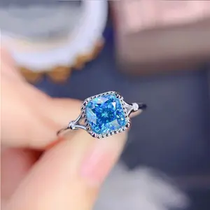 925 Sterling Silver 1CT Blue Moissanite Gemstone Cushion Cut Adjustable Ring