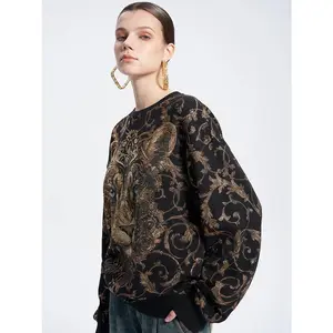 TCH Luxury Baroque Rhinestone Lion Sweatshirt Crewneck Hoodie Womenswear Casual parke mockneck sweatshirt Black Long Sleeve