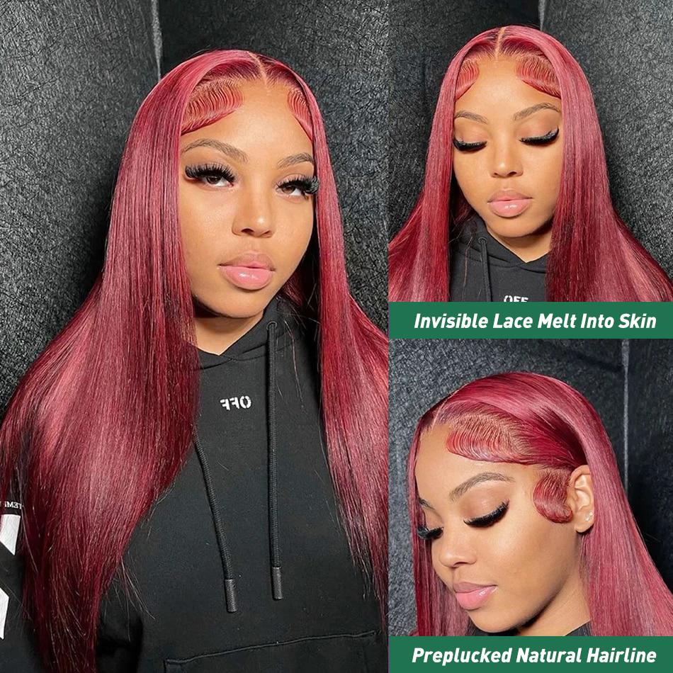 Burgundy Wig Human Hair Bone Straight 13x6 13x4 HD Transparent Lace Wig 99J Red Human Hair Wig Colored Reddish Brown Lace Frontal Wigs 180% Density Pre Plucked