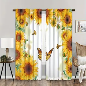 2pcs sunflower butterfly printed curtains, polyester filter curtains, suitable for pole bag design in living room and bedroom home decoration, Window Curtain