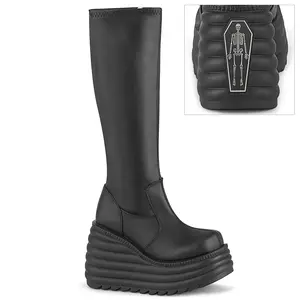 Demonia Morte-300 Women's Black Vegan Leather Wedge Knee High Boot