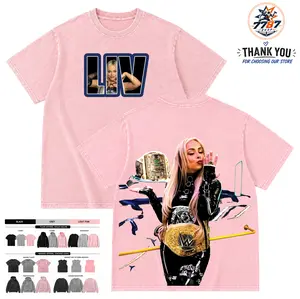 7787 Shop Menswear Liv Morgan Wrestling Graphic Washed T-Shirt Vintage Streetwear Oversized Casual Apparel
