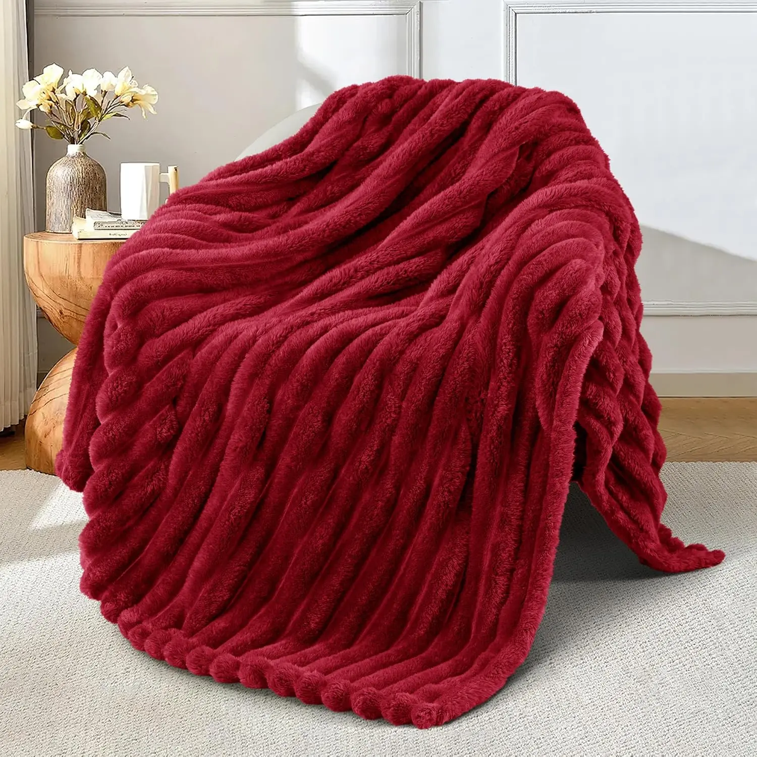 Cozy Blanket Throw for Sofa & Couch, Microfiber Poly Super Striped Jacquard, Lightweight Fuzzy Decorative Blanket, 50x60 Inches Deep Red, Sofa Throw