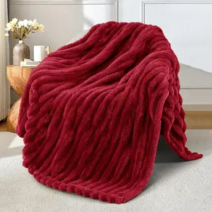 Throw for Couch, Super Striped Jacquard, Lightweight Fuzzy for Seasons, 50x60 Inches, Deep Red
