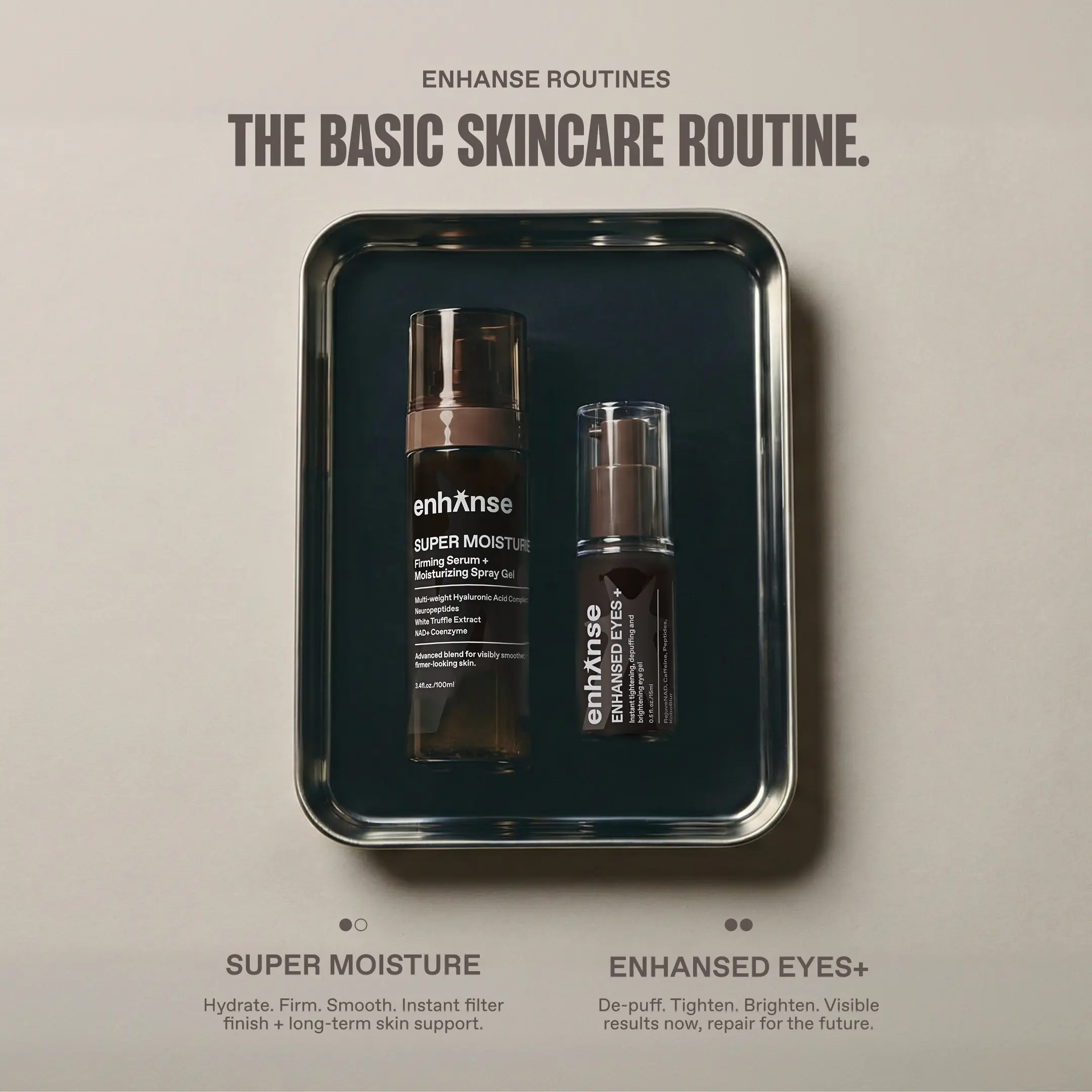 Enhanse | The Basic Skincare Routine | Super Moisture & Under Eye Gel for Men | 2-in-1 Day-to-Night Serum - Hydrating Setting Spray & Caffeine Eye Cream | 2 Bottles