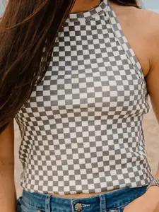 Summer Casual Plaid Colorblock Print Textured Halter Neck Vest, Women's Fashion Top, Fit, Comfortable and Stylish, Perfect for Daily Wear