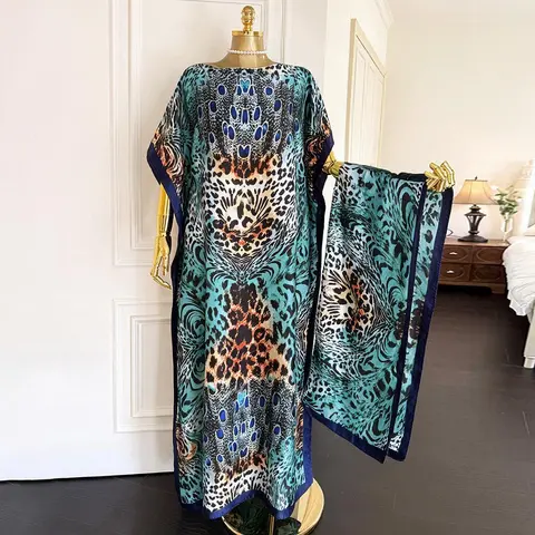 Women Satin Two Piece Maxi Dress MooMoo Blue Leopard Print Straight Long Gown With Matching Wrap For Evening Beach Vacation