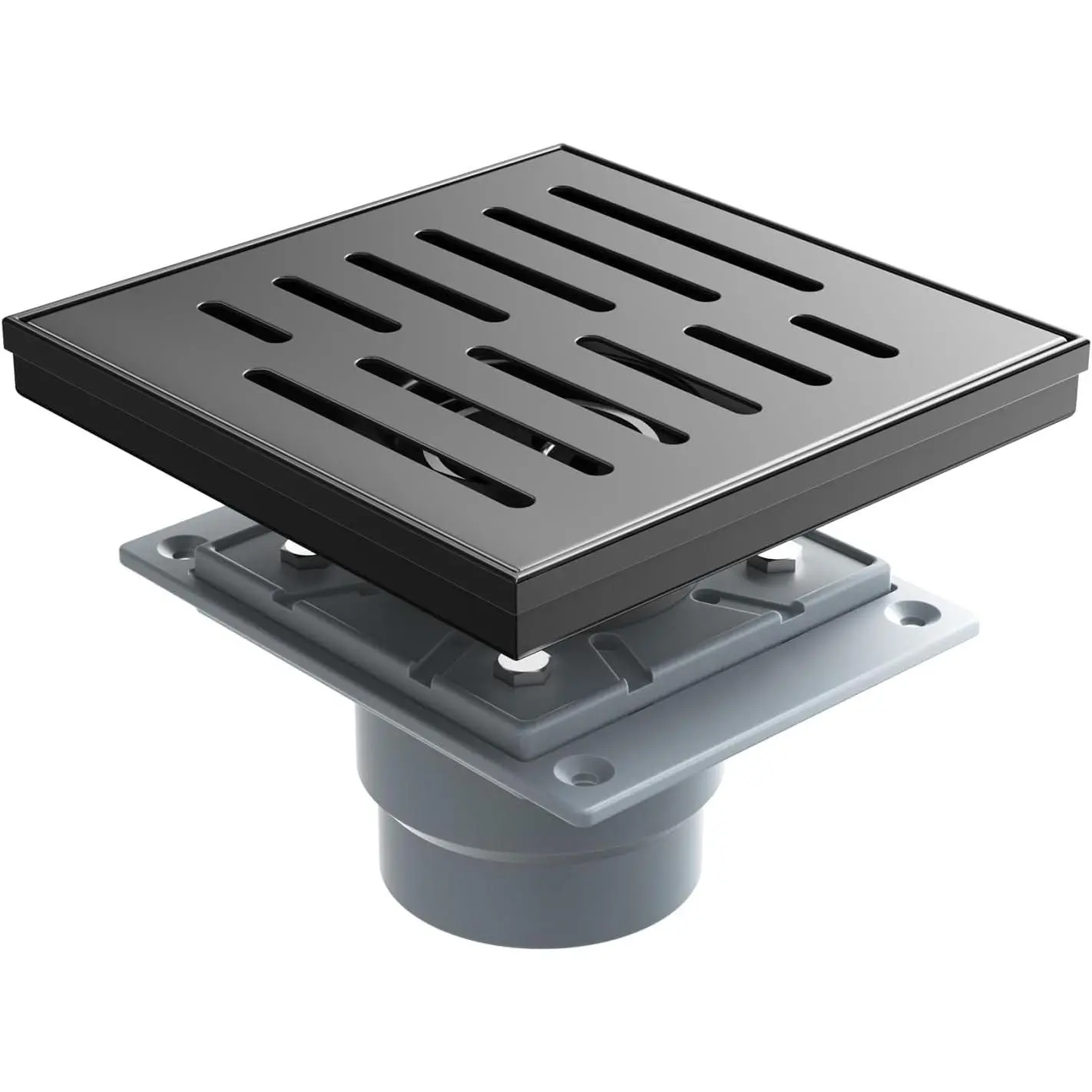 6 Inch Square Shower Drain,  304 Stainless Shower Floor Drain and Shower Drain Cover Included Hair Catcher and Leveling , Black