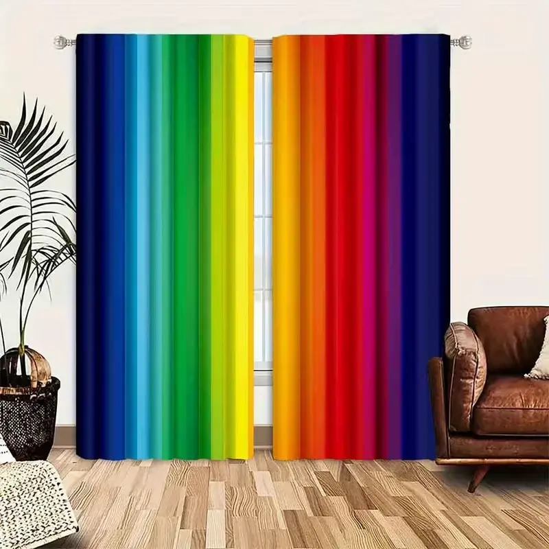 2-piece rainbow gradient digital printed curtain set, Window Drapes, Easy Install, Home Decoration, made of semi transparent polyester fiber, with pole bag design and machine washable material, suitable for home decoration