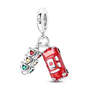 MULA 925 Silver-plated Red Car and Traffic Light Charm with Enamel and Zirconia - Symbolizes Speed, Passion and Adventure, Fits Pandora Bracelets and Necklaces - Gift for Men and Women