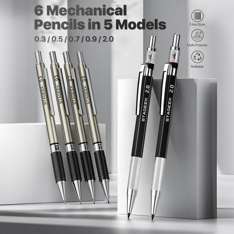 STAGEEK 37PCS Art Mechanical Pencil Set, Drafting Pencil 5 Sizes- 0.3, 0.5, 0.7, 0.9MM & 2PCS 2.0MM Mechanical Drawing Pencils with 492PCS Leads (6B 4B 2B HB 2H 4H Color) for Artist Sketching Drawing&Ballpoint Pen for Student Stationary College Essentials
