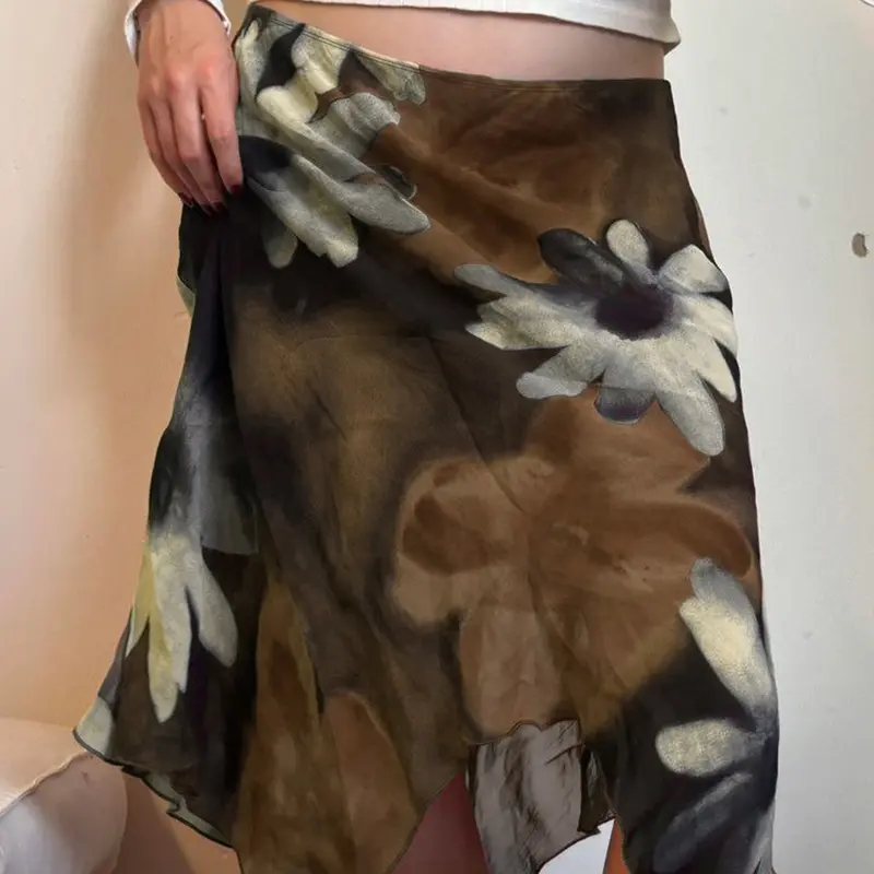 Vintage Floral Print Asymmetrical Skirt, Elegant Women's Bodycon Midi Dress, Casual Streetwear for Outdoor Dates