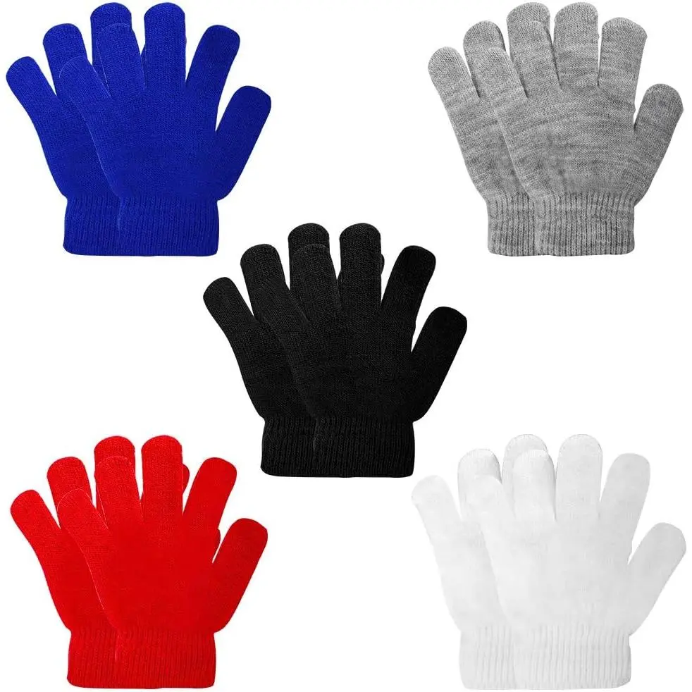 Kids' Fashionable Knit Gloves, 5-Pair Multi-Color Winter Set for Boys & Girls Ages 5-12, Warm Stretchy Acrylic 1 Size with Gray for Camping, One Size, Outdoor