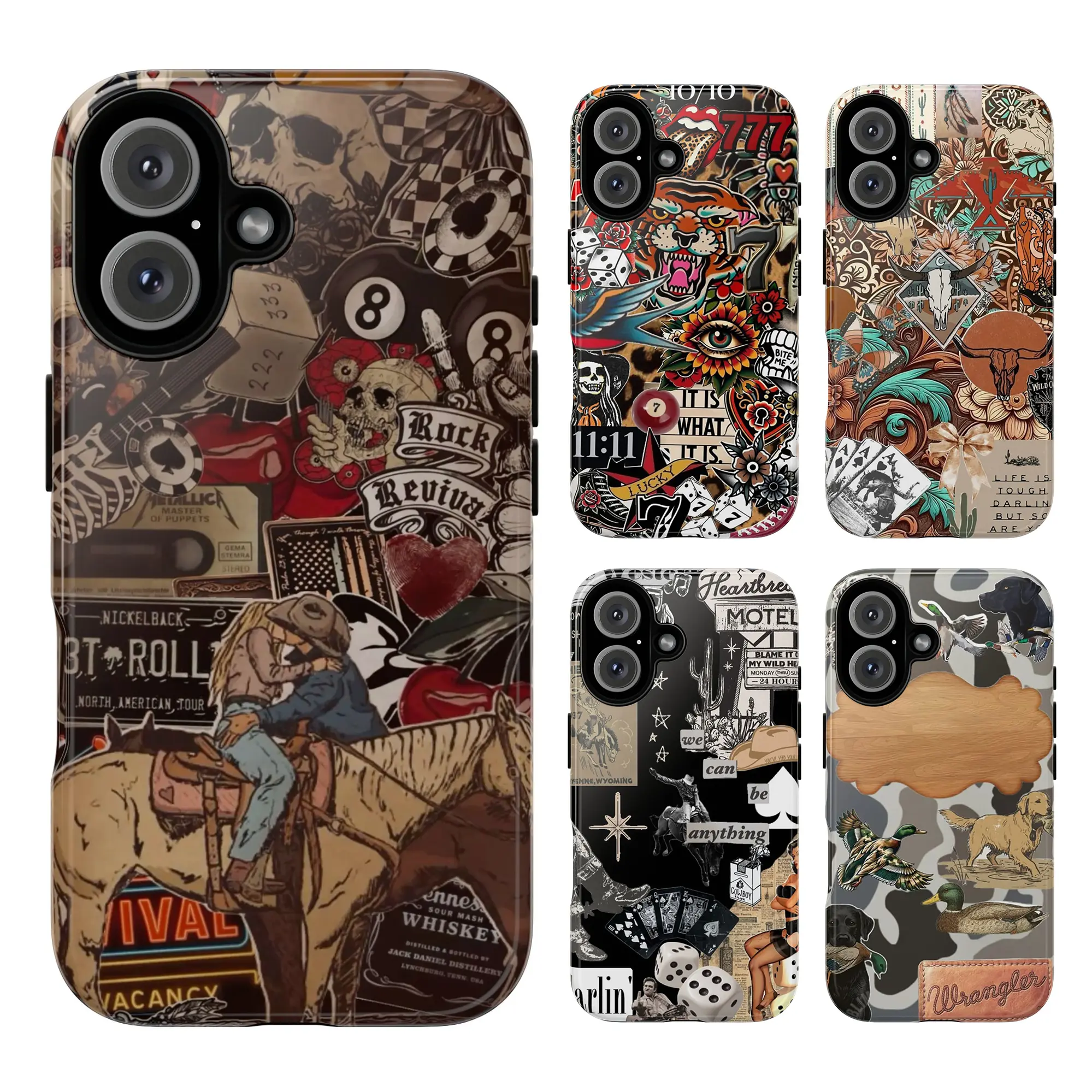 Wild West Revival Phone Case, Vintage Western Collage Cowboys Skulls Dice and Rock and Roll Motifs in Beige Tones, Baddie Aesthetic Gift Fashion Vibes Trending Now For iPhone 17 16 15 14 13 12 Pro Max Plus X, Samsung Galaxy S25 S24 S23 S22 S21 Ultra