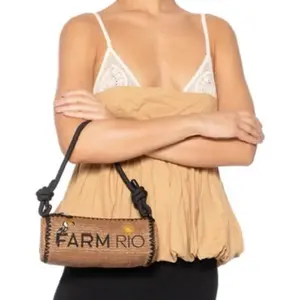 4 Farm Rio Women's Straw Crossbody Bag with Black Strap and "Farm Rio" Text Design
