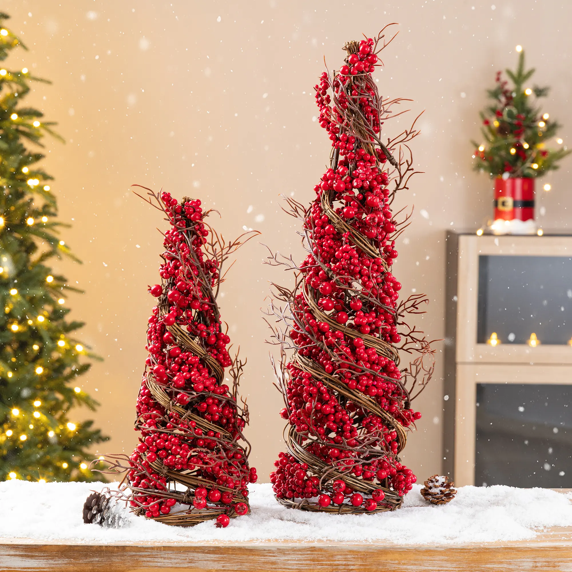 【Christmas in July】 Glitzhome Set of 2 24"/16"H Christmas Red Berry Rattan Table Tree