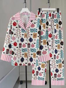 women's color block suit collar christmas tree print long sleeve pajama set with pants, casual spring & fall loungewear for ladies, nightwear