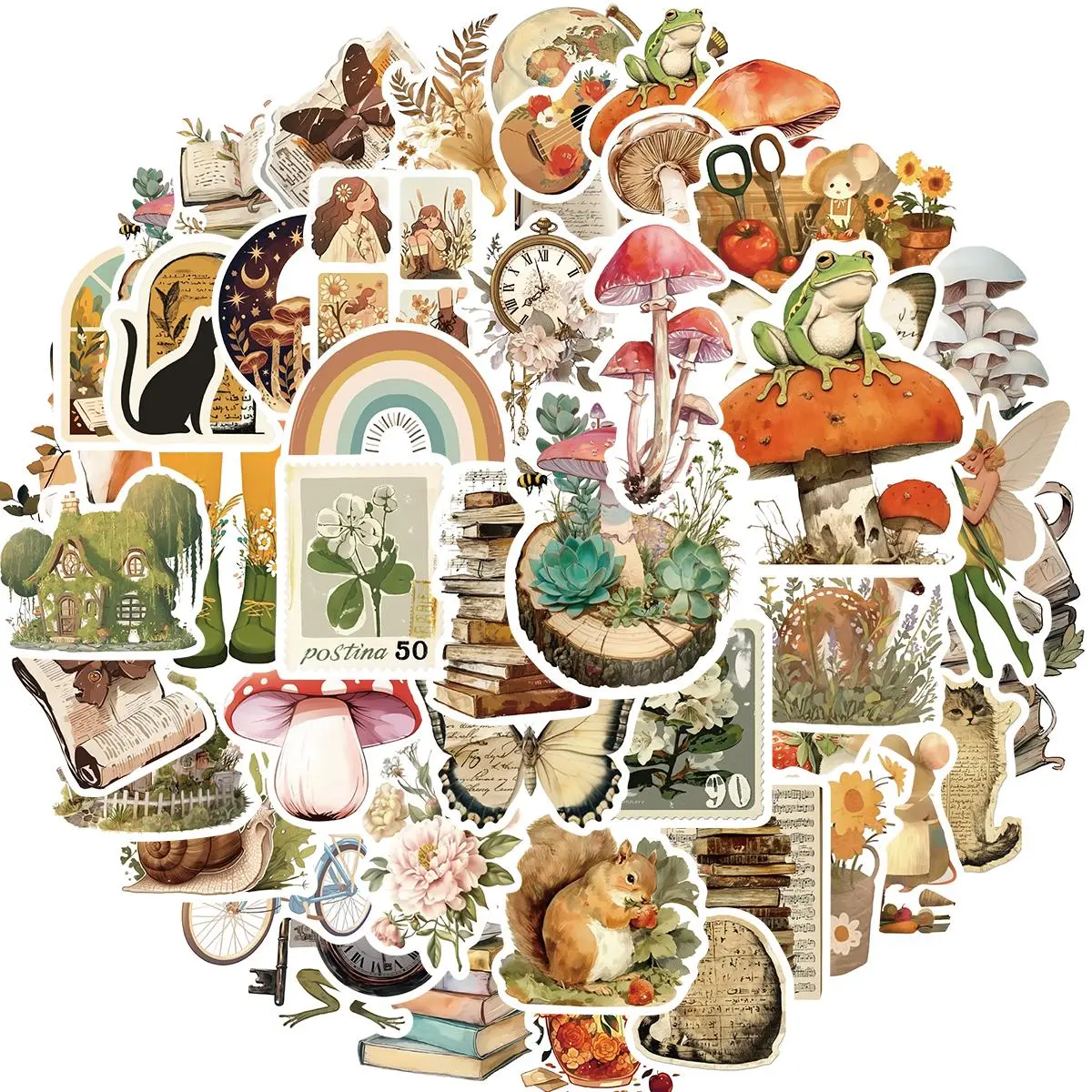 Cartoon Fantasy Forest Sticker, 50pcs/set Vintage Nature Fairytale Stickers, Floral Botanical Animal Stickers for Water Bottles, Laptop, Journals, Decor