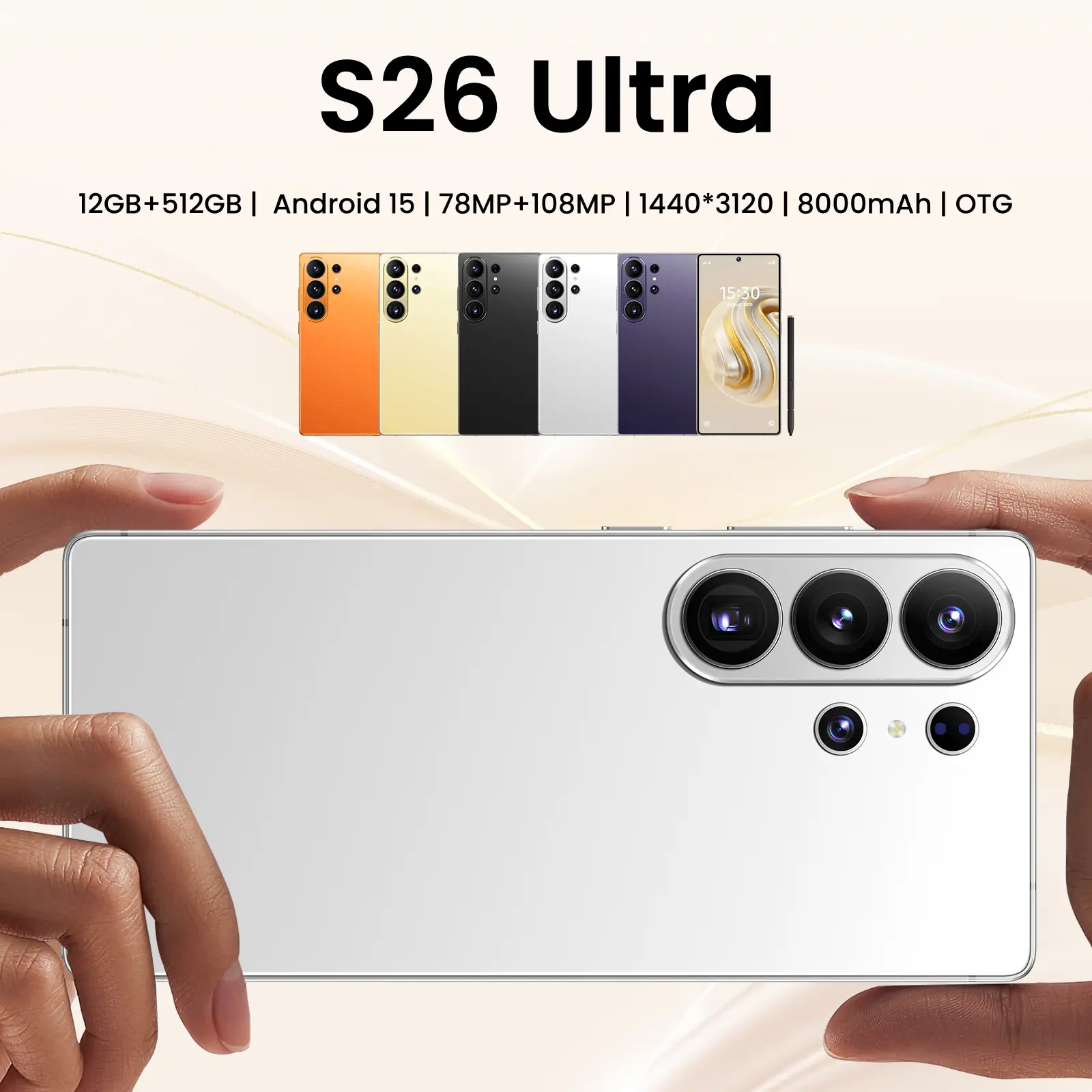 2026 S26 Ultra Unlocked 5G Android 15 Smartphone,12GB+512GB,6.99" HD Display,78MP+108MP Cam,8000mAh, Dual Card, Built-in Pen, Face Unlock, Case & Protector