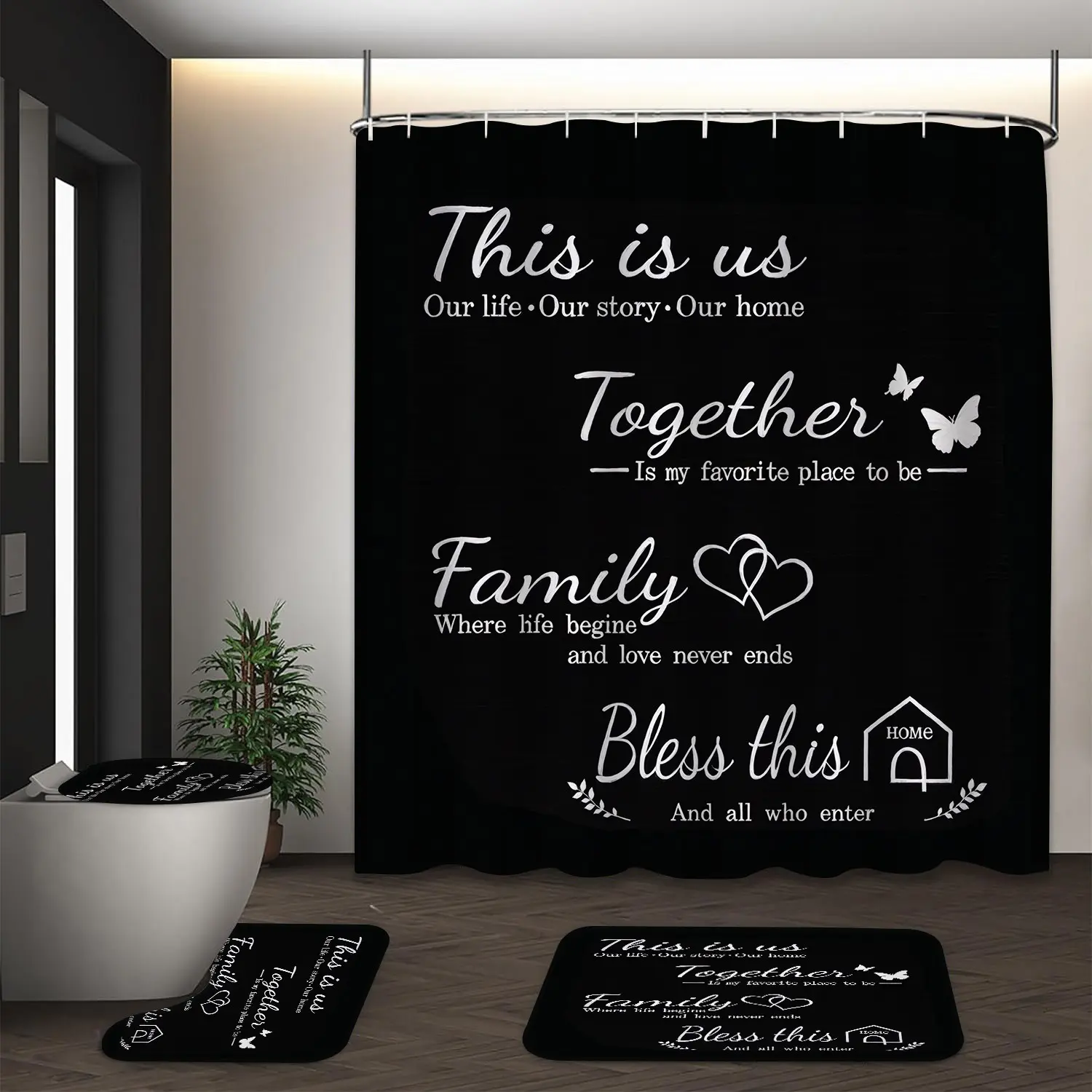 LVRLVR 4pcs Family Home Inspirational Quote Rustic Black White Restroom Bathroom Set with Shower Curtain Sets, Bath Rugs and Hooks - 70.8"×70.8" (180×180cm) Bathroom Decoration Accessories