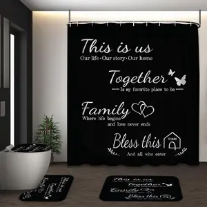 LVRLVR 4pcs Family Home Inspirational Quote Rustic Black White Bathroom Set with Shower Curtain, Bath Rugs and Hooks - 70.8"×70.8" (180×180cm)