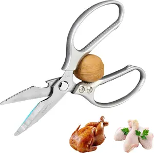 8.5" Duty Stainless Shears Multi-Tool with Bone-Cutting Blades, Bottle Opener, Nut Cracker, & Fish Scaler, Dishwasher Safe, for Food, Meat,
