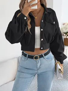 Autumn Winter Style Lantern Sleeve Corduroy Solid Color Casual Fitted Short Jacket Coat Outerwear Womenswear for Women & Men