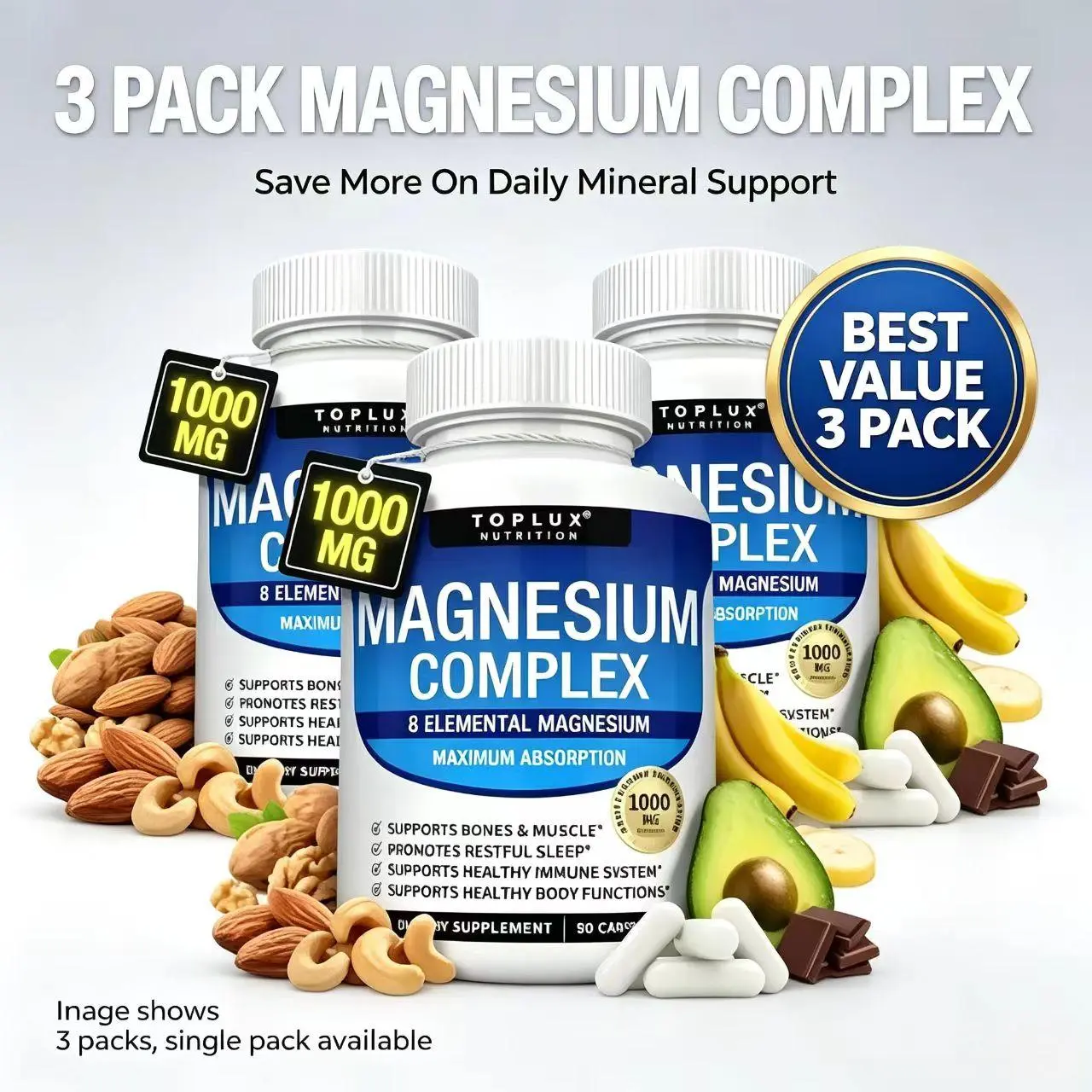 【3 pack】Toplux Nutrition Magnesium Complex 1000mg 90Capsules 7 Elemental Sources for Bone MuscleSleep Immune Support Malate Taurate ChelatedEasy Absorption for Men Women - Mineral,Healthcare