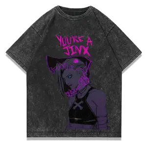 Menswear Round Neck Short-Sleeve T-Shirt, Vintage Distressed Arcane Jinx Oversized "You're A Jinx" Print Retro Gamer Streetwear Clothes For Men