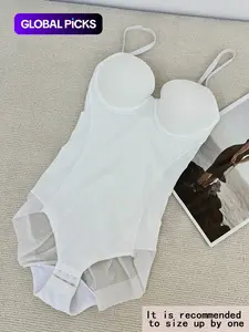 Women's Solid Color Contrast Mesh Sheer Breathable Chic Cami Shapewear Bodysuit, Adjustable Strap Medium Stretch Fit Smooth Tummy Control Shaper, Women's Shapewear for All Seasons
