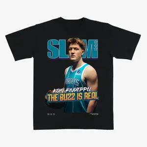 SLAM Kon Knueppel "The Buzz is Real" T-Shirt – Black Vintage Slam Magazine Style Graphic Tee, Premium Rookie Basketball Apparel for Hornets Fans