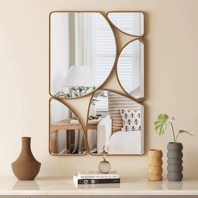 SHYFOY Modern Painted Gold Irregular Metal Frame Wall Mirror - 35.44''x23.63'' Horizontal Durable MDF Accent Piece, Handmade Crystal-Clear Glass Wall Hanging Vintage Home Decor for Fireplace Mantel