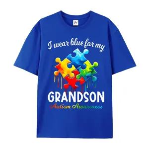 Autism Awareness "I Wear Blue for My Grandson" Puzzle Piece Graphic T-Shirt - Grandma & Grandpa Supportive Design, Unisex Adult Short Sleeve Round Neck Tee