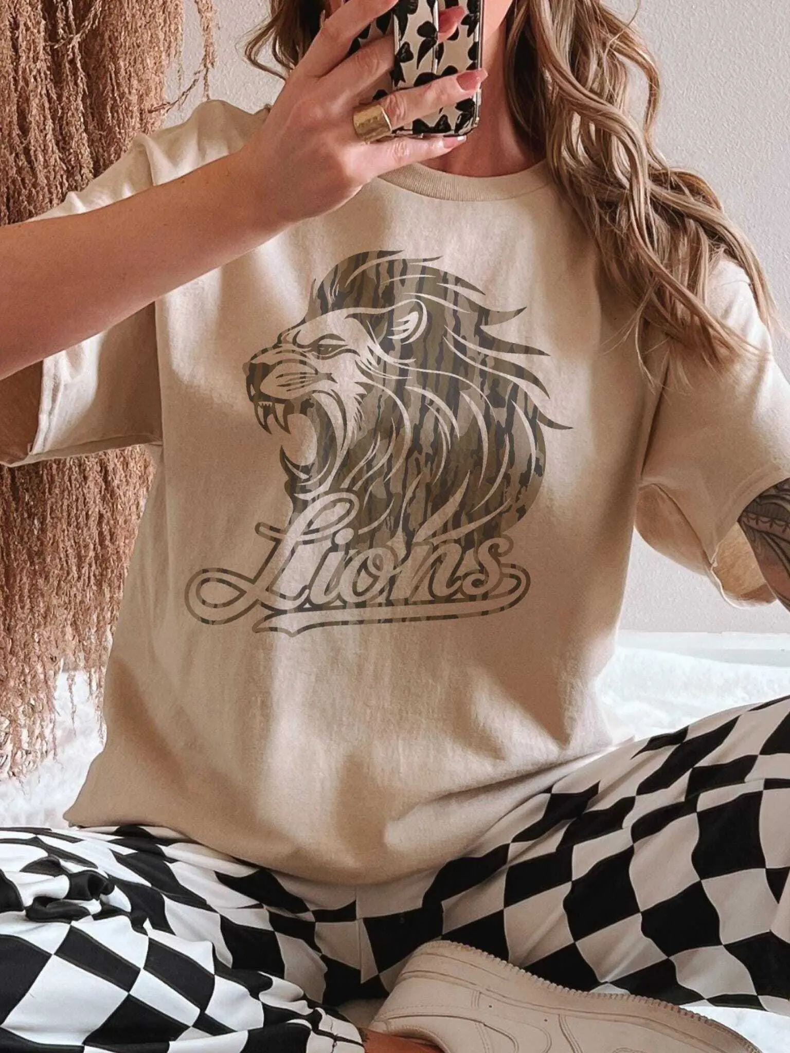 Lions T-Shirt | Camo Mascot Graphic Tee | School Spirit Game Day Shirt | Team Pride Unisex Top Cute Lions camouflage t-shirt Cotton Trending