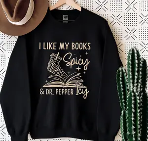 Women's Retro Bookish Graphic Sweatshirt, Oversized Pullover, "I Like My Books Spicy & Dr. Pepper Icy" Cozy Casual Top for Reading, Coffee, and Lounge