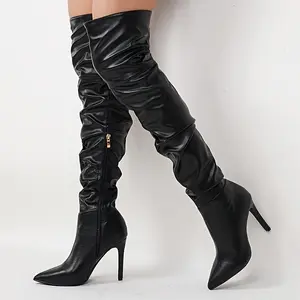 Christmas giftWomen's Pleated Design Stiletto Heeled Boots, Fashion Point Toe Dress Boots, Stylish Over The Knee Boots