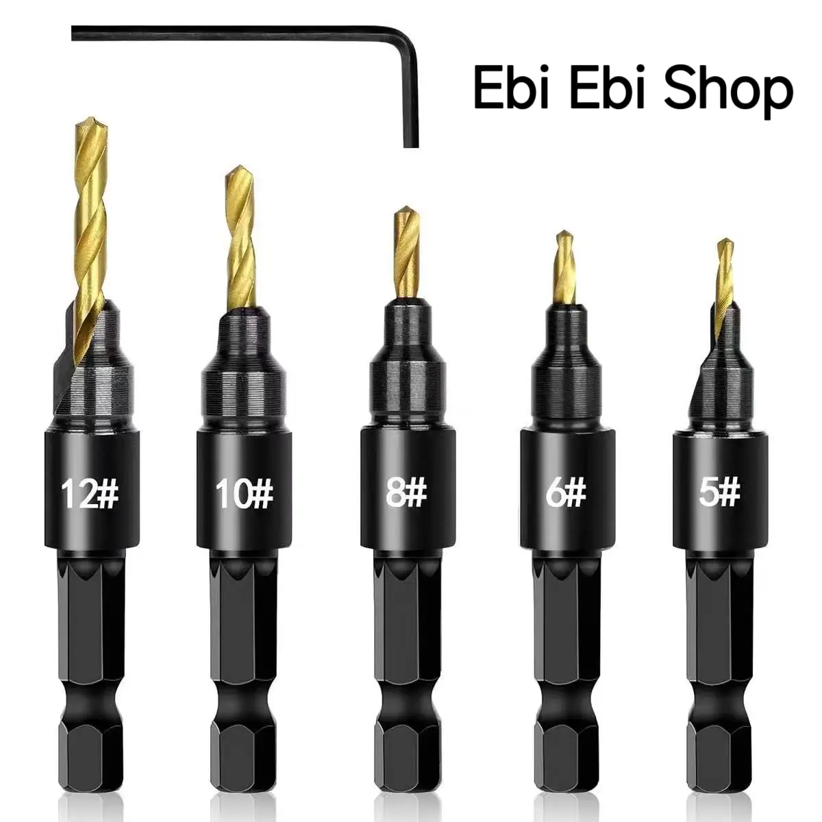 5-Piece Adjustable Countersink Drill Bit Set with Depth Stop - #5,#6,#8,#10,#12 Sizes, Chip Removal Tool for Hardwood Boards, Home Improvement Adjustable Bits