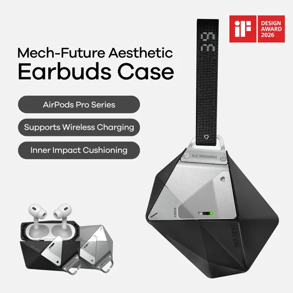 Aulumu A39 Geometric Plastic Protection Case for Apple AirPods Pro 3rd Generation - with Lock, Nylon Buckle, and Alloy Armour