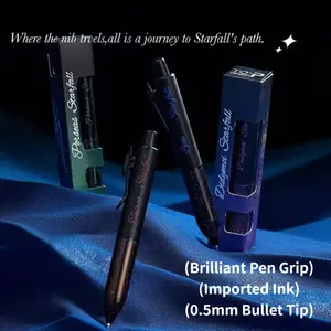 4 dark low centre gravity gel pens with a sparkling starlight design theme, vintage style, made resin plastic, minimalist, smooth non stop ink, quick drying, DIY study office writing with large capacity black gel pens