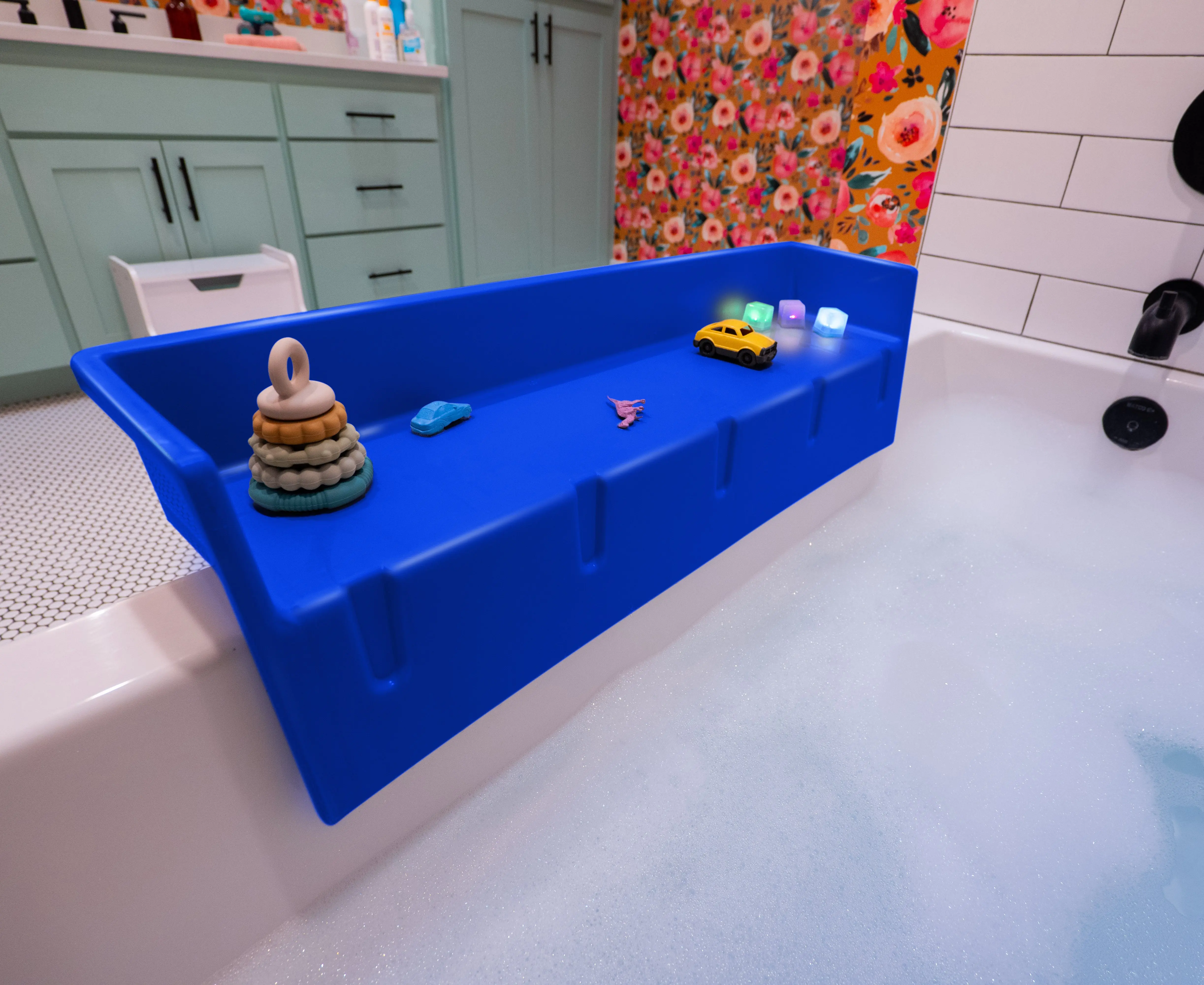 Tub Topper Bathtub Splash Guard for Kids & Toddlers - Tub Tray Shelf for Bath Toys - Blue - Full Sized
