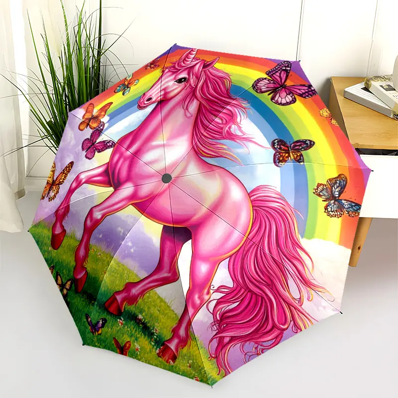 1 PC Automatic Folding Umbrella - Unicorn Rainbow Butterflies Fantasy Scene Pattern, Portable & Foldable Design with 8 Ribs, Merry Christmas Pattern,Casual Outdoor Accessory Halloween and Christmas Birthday Gifts. D00118